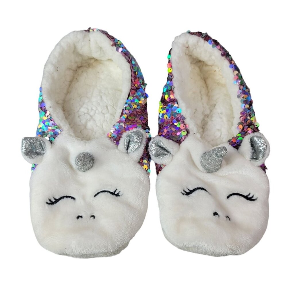 2/$15 Target Unicorn Grippers Slippers White Faux Sherpa Silver Sequin READ